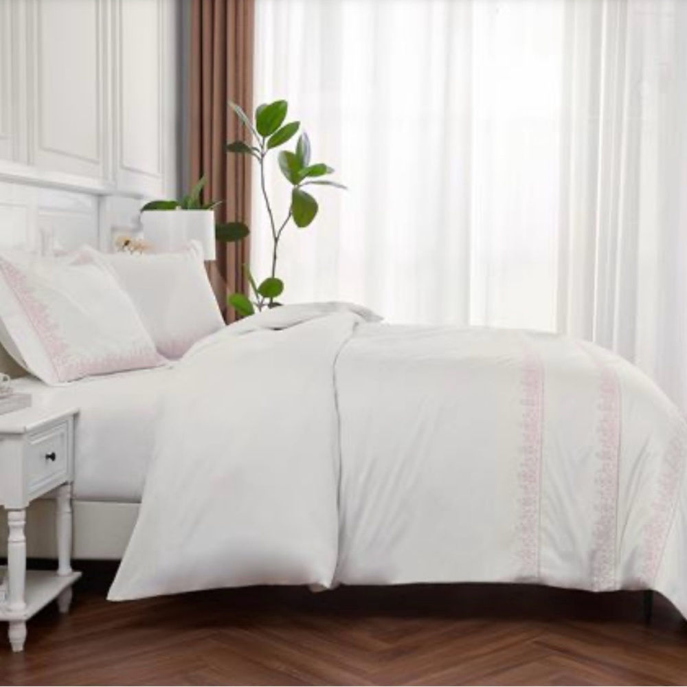 Leaf Stone Embroidery Percale Cotton Duvet Set Rose On White - King - 3 Piece